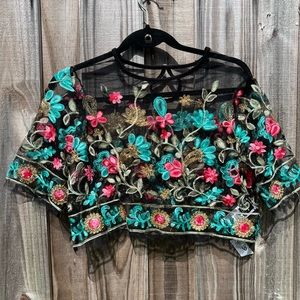 Shein Embroidered Floral Sheer Mesh Crop Top, Medium, Made in China, Black